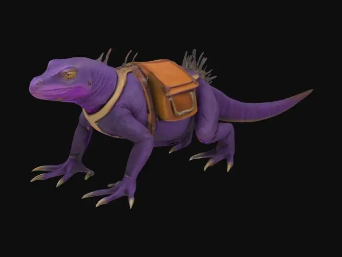 3D model for Armored mounted riding Lizard, with a riding saddle, with webbed feet, having sticky toe pads for climbing, dark purple skin