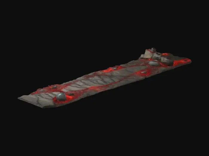 3D model for Design a giant stone ramp, fused with organic and mechanical elements. Include glowing black, red, and silver energy veins, pulsating lights. Add intricate carvings and textures seamlessly all in the shapes of cob webs in it