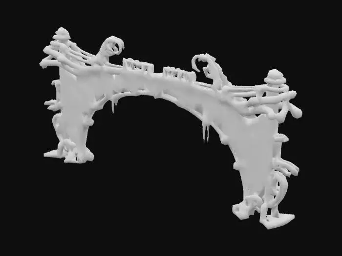 3D model for Design a giant biomechanical overpass fused with organic and mechanical elements. Include glowing purple, pink, and blue energy veins, pulsating lights. Add intricate carvings and textures that blend flesh and metal seamlessly all in the shapes of spider webs and spiders covering it