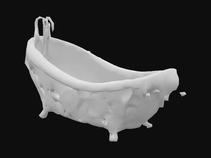 3D model for Design a  biomechanical bathtub with organic and mechanical elements. Include glowing purple, pink, and red energy veins, pulsating lights. Add intricate carvings and textures that blend flesh and metal seamlessly all in the shapes of cob webs covering it