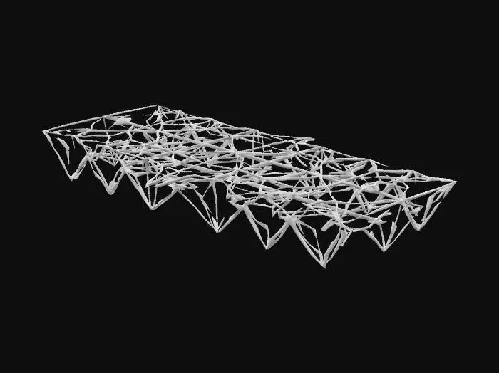 3D model for Subject: Parametric Voronoi lattice platform made of crystals in the shape of an long FLAT obtuse triangle, laying in a horizontal position

Material: purple, ivory, and blue shades of crystal structure with integrated LED modules

Details:

A single sweeping platform in the shape of a obtuse triangle formed by interlocking Voronoi cells of varying sizes with spiders and jagged sharp details, laying horizontally

Subtle beveled edges on each cell for a refined, high-poly look

Warm red LED backlighting embedded within select cells for depth

Smooth transitions between cells, emphasizing structural flow
, #platform#PBR crystal: Fine-grain matte ceramic with slight subsurface scatter

Emissive LEDs: Warm white glow with adjustable intensity and soft falloff
