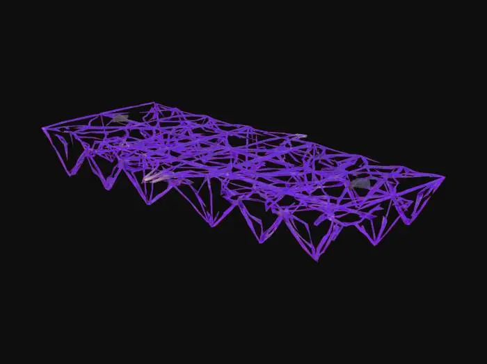 3D model for Subject: Parametric Voronoi lattice platform made of crystals in the shape of an long FLAT obtuse triangle, laying in a horizontal position

Material: purple, ivory, and blue shades of crystal structure with integrated LED modules

Details:

A single sweeping platform in the shape of a obtuse triangle formed by interlocking Voronoi cells of varying sizes with spiders and jagged sharp details, laying horizontally

Subtle beveled edges on each cell for a refined, high-poly look

Warm red LED backlighting embedded within select cells for depth

Smooth transitions between cells, emphasizing structural flow
, #platform#PBR crystal: Fine-grain matte ceramic with slight subsurface scatter

Emissive LEDs: Warm white glow with adjustable intensity and soft falloff
