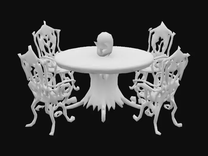 3D model for Design a  biomechanical patio set with organic and mechanical elements. Include glowing purple, pink, and red energy veins, pulsating lights. Add intricate carvings and textures that blend flesh and metal seamlessly all in the shapes of cob webs covering it