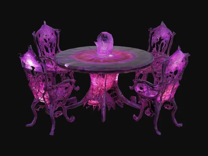 3D model for Design a  biomechanical patio set with organic and mechanical elements. Include glowing purple, pink, and red energy veins, pulsating lights. Add intricate carvings and textures that blend flesh and metal seamlessly all in the shapes of cob webs covering it