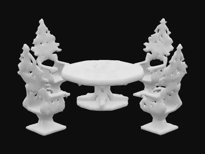 3D model for Design a  biomechanical patio set with organic and mechanical elements. Include glowing purple, pink, and red energy veins, pulsating lights. Add intricate carvings and textures that blend flesh and metal seamlessly all in the shapes of cob webs covering it