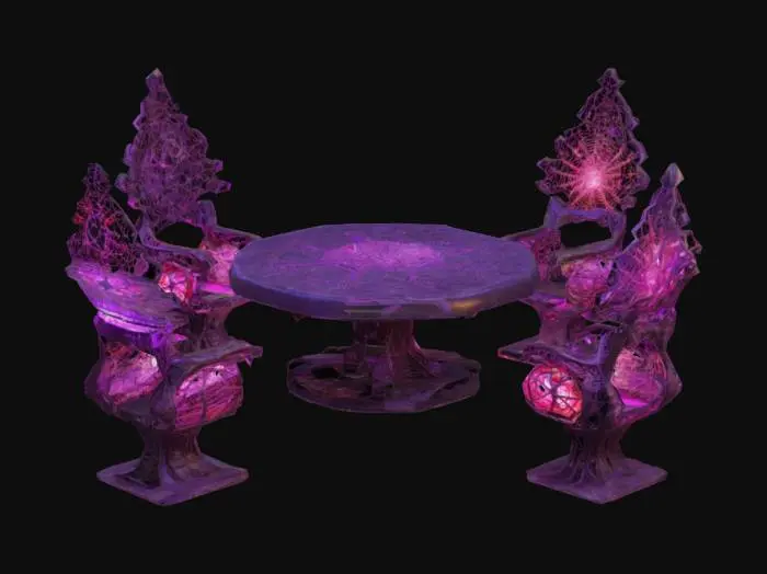 3D model for Design a  biomechanical patio set with organic and mechanical elements. Include glowing purple, pink, and red energy veins, pulsating lights. Add intricate carvings and textures that blend flesh and metal seamlessly all in the shapes of cob webs covering it