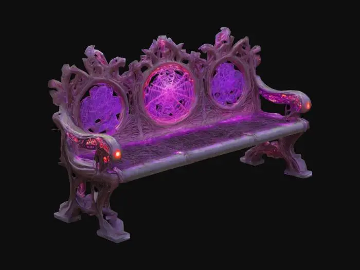 3D model for Design a  biomechanical park bench with organic and mechanical elements. Include glowing purple, pink, and red energy veins, pulsating lights. Add intricate carvings and textures that blend flesh and metal seamlessly all in the shapes of cob webs covering it