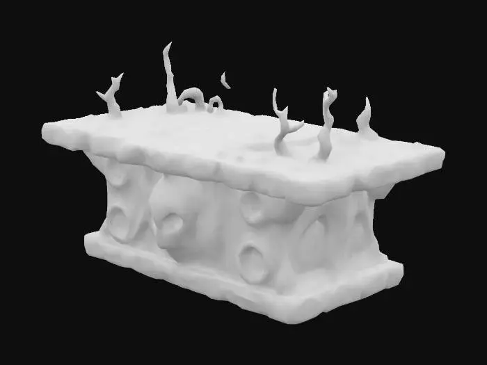 3D model for Design a  biomechanical DROW wizard alchemy table, with organic and mechanical elements. Include glowing purple, pink, and orange energy veins, pulsating lights. Add intricate carvings and textures that blend flesh and metal seamlessly all in the shapes of cob webs covering it