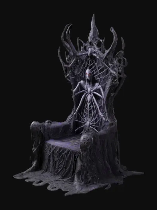 3D model for A giant spider throne, designed by DROW dedicated to Lolth.  The throne is covered in magical spider webs, and tiny spiders covering it.