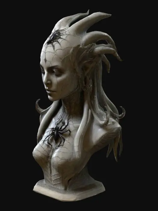 3D model for The object is an elongated DROW cleric bust OF A WOMAN, with intricate, organic-like geometry, prominent multi-layered decorative spider-web jewelry, & a highly textured, ribbed surface reminiscent of biomechanical elements., RH GIGER,Clearly defined facial features. Ensure all walls and features are at least 2mm thick. Include bold, recessed features with a depth of at least 2mm. Maintain sharp lines with no unnecessary fine or jagged edges. embossed features to rise 2mm above the surface.