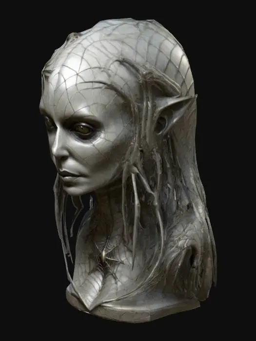 3D model for The object is an elongated DROW cleric bust OF A WOMAN, with intricate, organic-like geometry, prominent multi-layered decorative spider-web jewelry, & a highly textured, ribbed surface reminiscent of biomechanical elements., RH GIGER,Clearly defined facial features. Ensure all walls and features are at least 2mm thick. Include bold, recessed features with a depth of at least 2mm. Maintain sharp lines with no unnecessary fine or jagged edges. embossed features to rise 2mm above the surface.