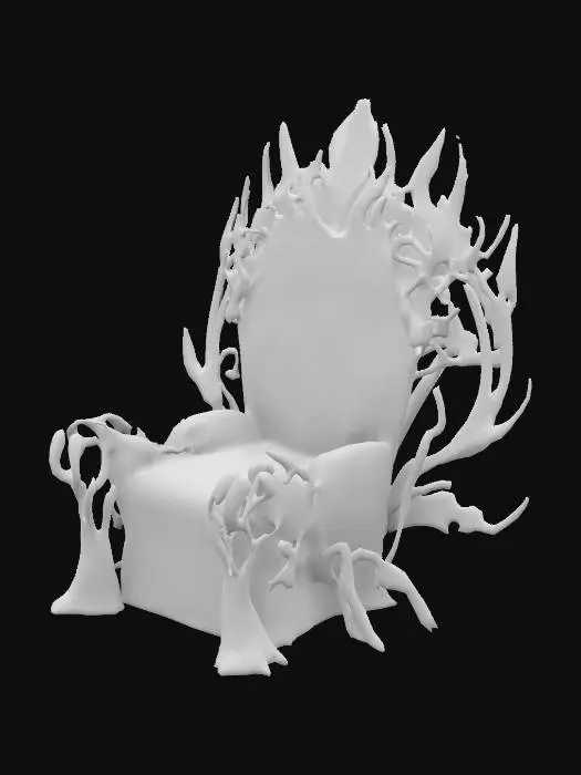 3D model for Design a biomechanical throne fused with organic and mechanical elements. Include glowing purple and blue energy veins, pulsating lights, and a backrest shaped like a creature’s spine. Add intricate carvings and textures that blend flesh and metal seamlessly all in the shapes of spider webs