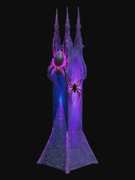 3D model for Design a very tall long bridge fused with organic and mechanical elements. Include glowing purple, pink, and blue energy veins, pulsating lights. Add intricate carvings and textures that blend flesh and metal seamlessly all in the shapes of spider webs and spiders covering it.  Also have cobwebs covering it and hanging from it.