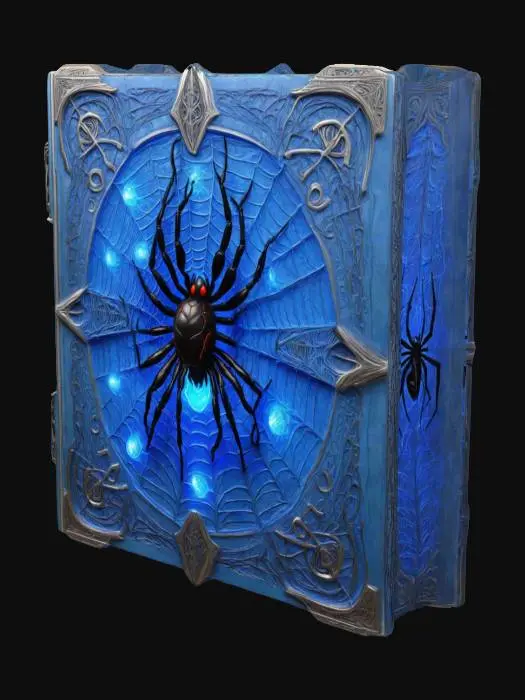 3D model for Design a large biomechanical  DROW Book of spiders, blue glowing energy veins, pulsating lights. In the center of the book is a black widow spider.  Add intricate carvings and textures that blend flesh and metal seamlessly, decorating the outside of the cover, a lot of lots of spider webs detailing the book
