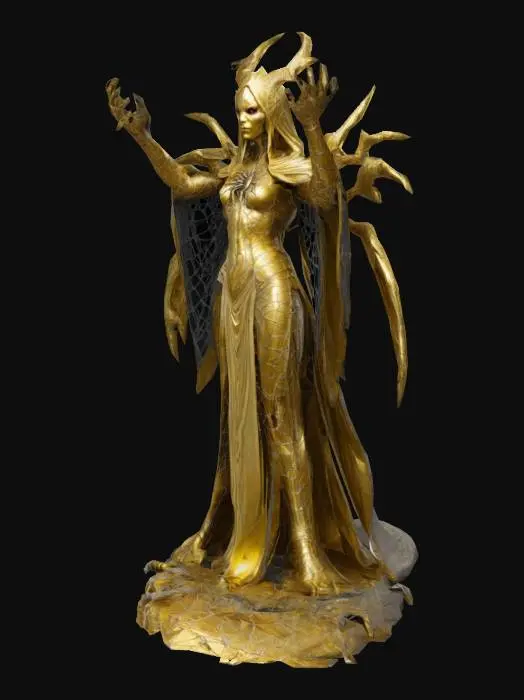 3D model for Design a giant golden statue, of a drow female cleric of Lolth, detailed with spider web design. 