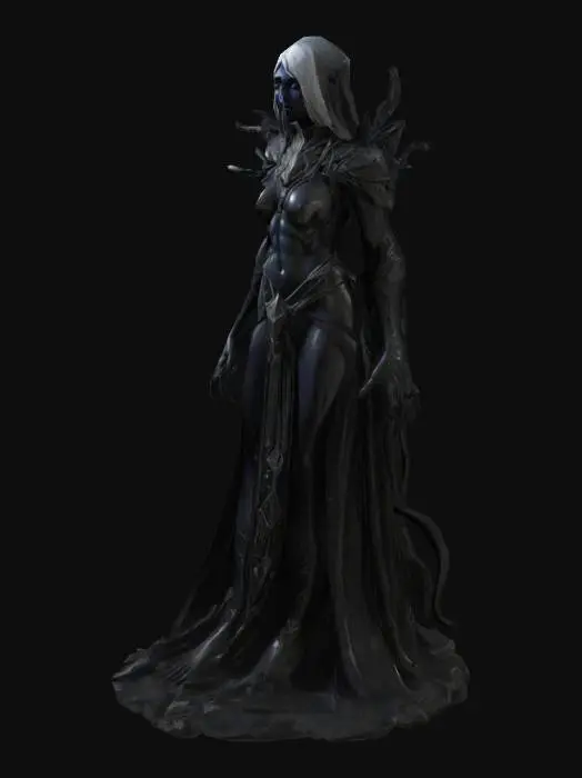 3D model for Design a giant obsidian statue, of a drow female cleric, fused with organic and mechanical elements. 