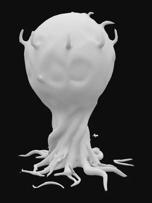 3D model for Design a very tall biomechanical shaped Dome fused with organic and mechanical elements. Include glowing pink, purple, and light-blue energy veins, pulsating lights. Add intricate carvings and textures that blend flesh and metal seamlessly all in the shapes of spider webs and spiders covering it