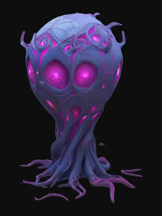 3D model for Design a very tall biomechanical shaped Dome fused with organic and mechanical elements. Include glowing pink, purple, and light-blue energy veins, pulsating lights. Add intricate carvings and textures that blend flesh and metal seamlessly all in the shapes of spider webs and spiders covering it