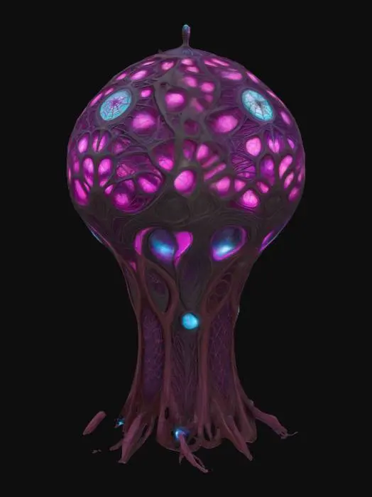 3D model for Design a very tall biomechanical shaped Dome fused with organic and mechanical elements. Include glowing pink, purple, and light-blue energy veins, pulsating lights. Add intricate carvings and textures that blend flesh and metal seamlessly all in the shapes of spider webs and spiders covering it