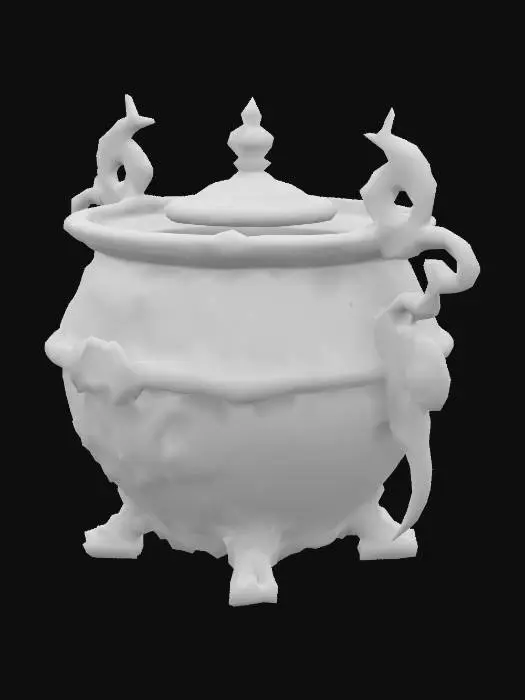 3D model for Design a large biomechanical cauldron, fused with organic and mechanical elements. Include glowing purple, red, and yellow energy veins, pulsating lights. Add intricate carvings and textures that blend flesh and metal seamlessly all in the shapes of webs and spiders covering it