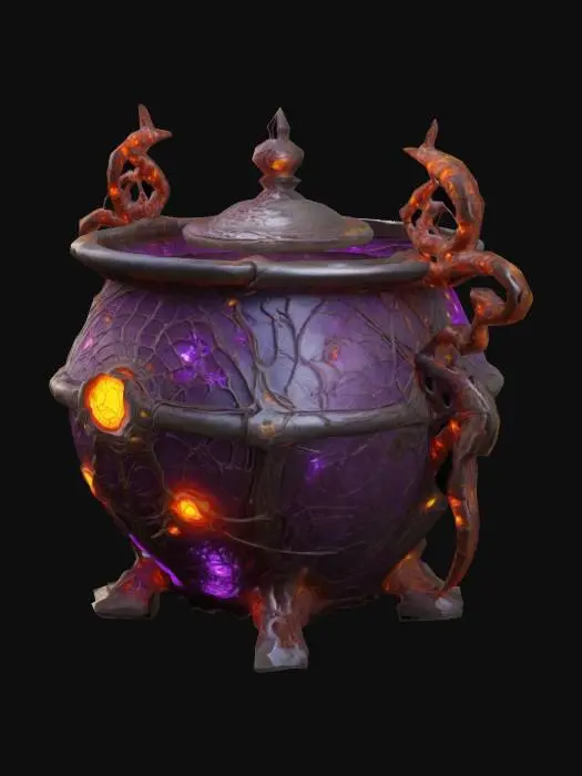 3D model for Design a large biomechanical cauldron, fused with organic and mechanical elements. Include glowing purple, red, and yellow energy veins, pulsating lights. Add intricate carvings and textures that blend flesh and metal seamlessly all in the shapes of webs and spiders covering it