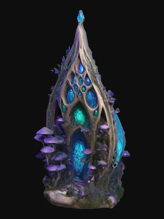 3D model for Design a tear drop shaped building, fused with organic and mechanical elements. Include glowing blue, purple, and emerald energy veins, pulsating lights. Add intricate carvings and textures seamlessly all in the shapes of cob webs on it.  Also covered in mushrooms and crystals.