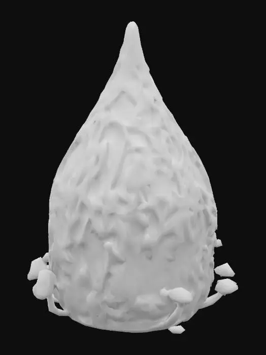 3D model for Design a tear drop shaped building, fused with organic and mechanical elements. Include glowing blue, purple, and emerald energy veins, pulsating lights. Add intricate carvings and textures seamlessly all in the shapes of cob webs on it.  Also covered in mushrooms and crystals.