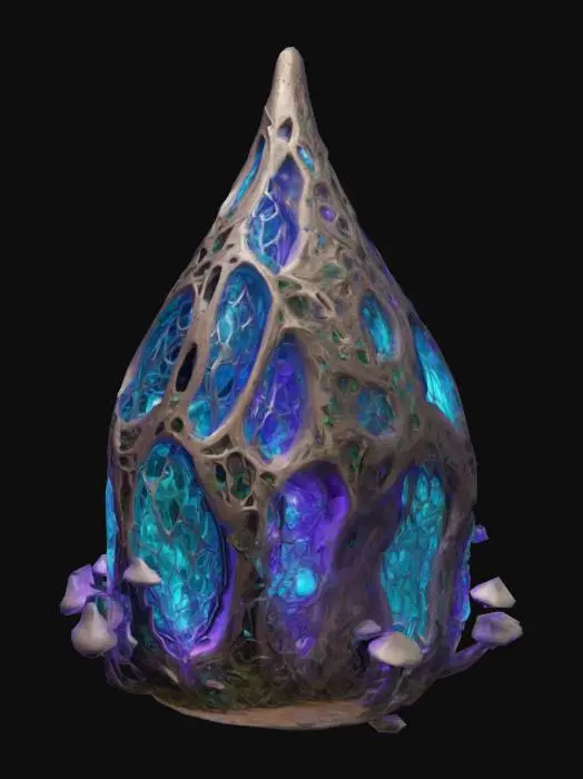 3D model for Design a tear drop shaped building, fused with organic and mechanical elements. Include glowing blue, purple, and emerald energy veins, pulsating lights. Add intricate carvings and textures seamlessly all in the shapes of cob webs on it.  Also covered in mushrooms and crystals.