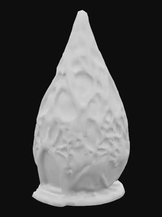 3D model for Design a tear drop shaped building, fused with organic and mechanical elements. Include glowing blue, orange, and emerald energy veins, pulsating lights. Add intricate carvings and textures seamlessly all in the shapes of cob webs in it