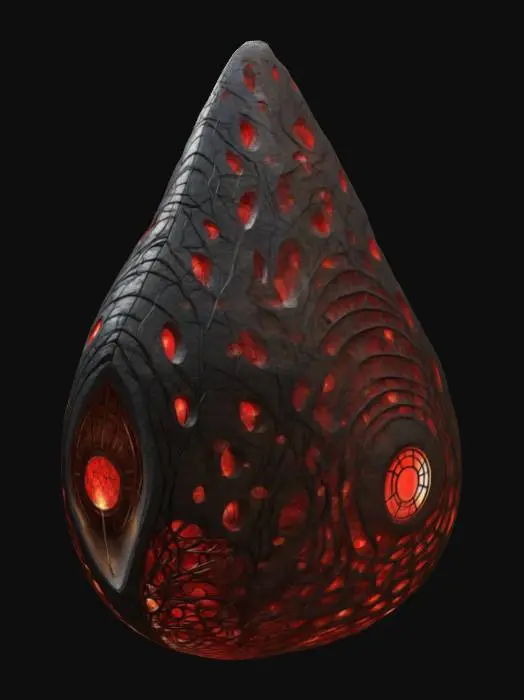 3D model for Design a giant stone tear drop shaped building, fused with organic and mechanical elements. Include glowing black, red, and silver energy veins, pulsating lights. Add intricate carvings and textures seamlessly all in the shapes of cob webs in it
