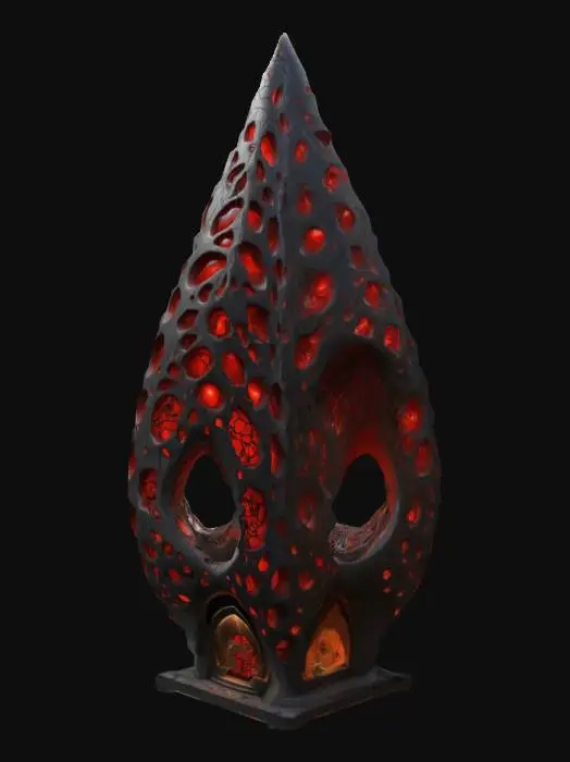 3D model for Design a giant stone tear drop shaped building, fused with organic and mechanical elements. Include glowing black, red, and silver energy veins, pulsating lights. Add intricate carvings and textures seamlessly all in the shapes of cob webs in it