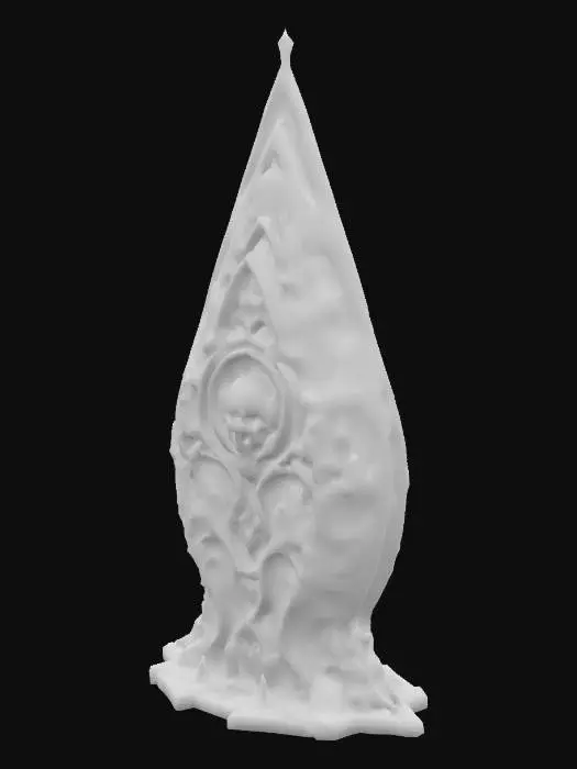 3D model for Design a giant stone tear drop shaped building, fused with organic and mechanical elements. Include glowing black, red, and silver energy veins, pulsating lights. Add intricate carvings and textures seamlessly all in the shapes of cob webs in it