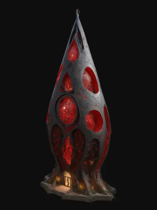 3D model for Design a giant stone tear drop shaped building, fused with organic and mechanical elements. Include glowing black, red, and silver energy veins, pulsating lights. Add intricate carvings and textures seamlessly all in the shapes of cob webs in it
