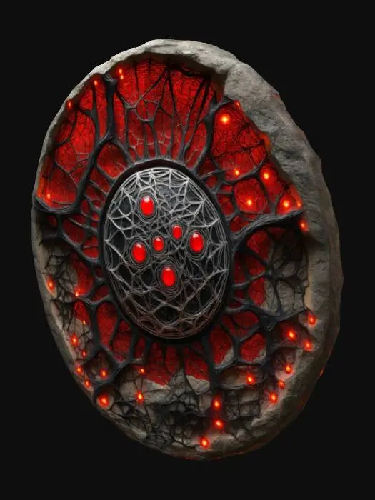3D model for Design a giant stone Plate, fused with organic and mechanical elements. Include glowing black, red, and silver energy veins, pulsating lights. Add intricate carvings and textures seamlessly all in the shapes of cob webs in it