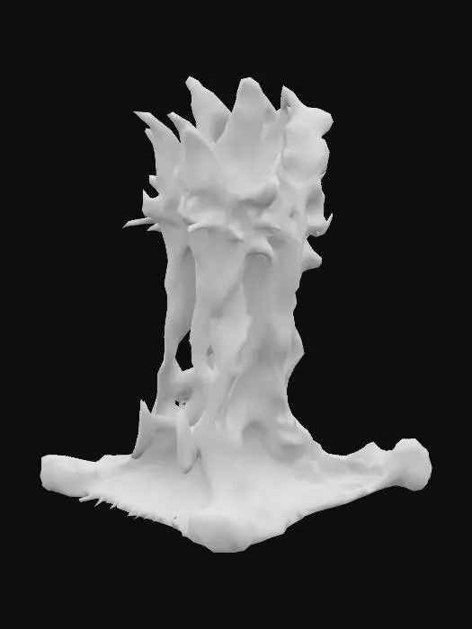 3D model for Design a very big biomechanical shaped stalactites fused with organic and mechanical elements. Include glowing red, purple, and orange energy veins, pulsating lights. 