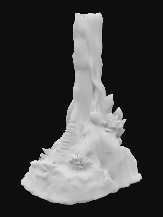 3D model for giant dark gray colored stalagmite, with a stairwell spiraling downward, red and orange colored crystals embedded in the stone