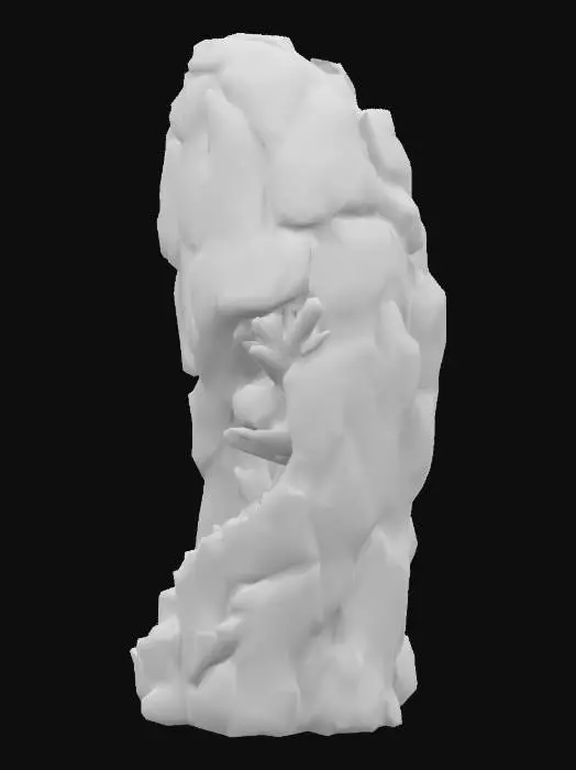 3D model for giant gray colored stalagmite, with a stairwell spiraling downward, red and orange colored crystals embedded in the stone