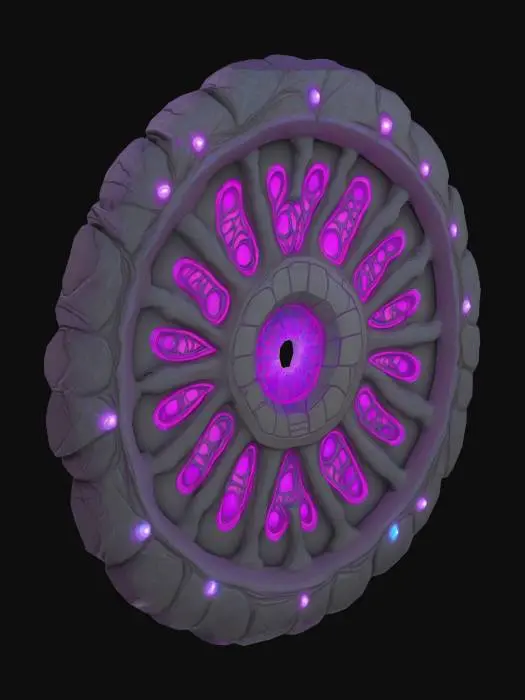 3D model for Design a giant biomechanical disk.  Include glowing purple, pink, and blue energy veins, pulsating lights. Add intricate carvings that have shapes of spider webs covering it