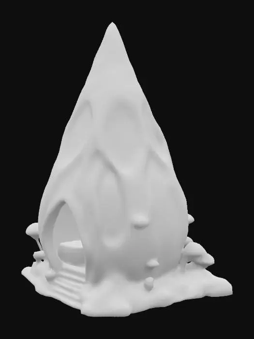 3D model for Design a very biomechanical tear dropped shaped building fused with organic and crystal elements. Include glowing pink and light-blue energy veins, pulsating lights. Add intricate carvings and textures that blend glowing mushrooms, stone, and purple colored moss