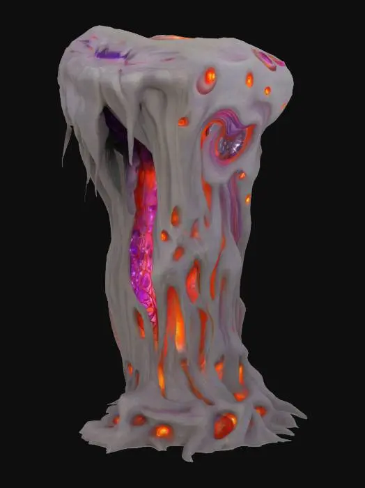 3D model for Design a very big biomechanical shaped stalactites fused with organic and mechanical elements. Include glowing red, purple, and orange energy veins, pulsating lights. 
