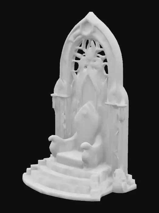 3D model for Soaring obsidian arch-back structure with cobweb patterns on ribs, onyx-inlaid throne base, light effects seeping out of cracks, red and pink colored stone Arches, archways, glowing stained glass and gemstones decorated with webs, deep bold lines and edges, play assets, decorated with symbols of spiders and cobwebs