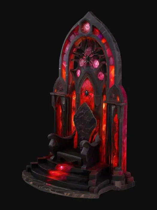 3D model for Soaring obsidian arch-back structure with cobweb patterns on ribs, onyx-inlaid throne base, light effects seeping out of cracks, red and pink colored stone Arches, archways, glowing stained glass and gemstones decorated with webs, deep bold lines and edges, play assets, decorated with symbols of spiders and cobwebs
