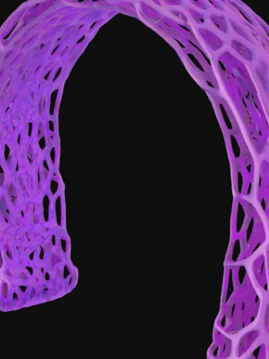 3D model for Subject: Parametric Voronoi lattice arch

Style: Futuristic organic parametric design

Material: purple, red, and blue shades of ceramic structure with integrated LED modules

Details:

A single sweeping arch formed by interlocking Voronoi cells of varying sizes with spiders and jagged sharp details

Subtle beveled edges on each cell for a refined, high-poly look

Warm red LED backlighting embedded within select cells for depth

Smooth transitions between cells, emphasizing structural flow
, #arch#PBR Ceramic: Fine-grain matte ceramic with slight subsurface scatter

Emissive LEDs: Warm white glow with adjustable intensity and soft falloff

Surface Imperfections: Very light micro-roughness and faint dust accumulation in cell crevices