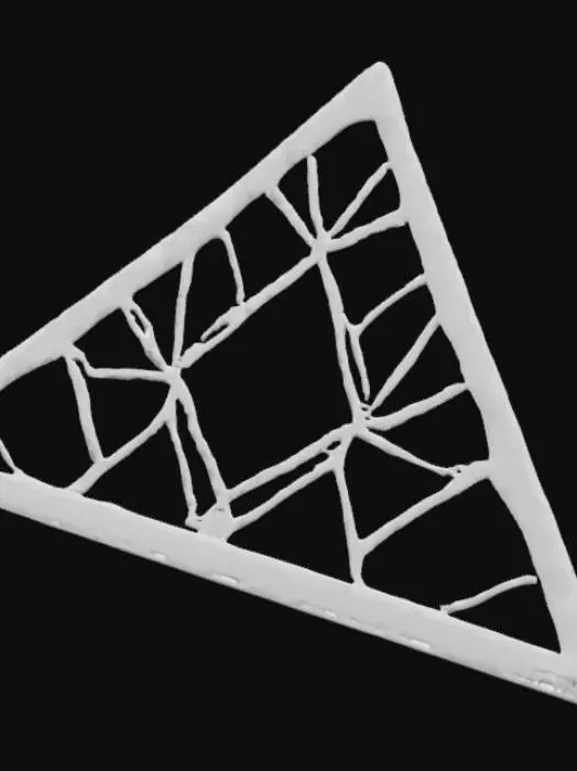 3D model for Subject: Parametric Voronoi lattice platform made of crystals in the shape of an FLAT obtuse triangle, playing in a horizontal position

Material: purple, red, and blue shades of crystal structure with integrated LED modules

Details:

A single sweeping platform in the shape of a obtuse triangle formed by interlocking Voronoi cells of varying sizes with spiders and jagged sharp details, laying horizontally

Subtle beveled edges on each cell for a refined, high-poly look

Warm red LED backlighting embedded within select cells for depth

Smooth transitions between cells, emphasizing structural flow
, #platform#PBR crystal: Fine-grain matte ceramic with slight subsurface scatter

Emissive LEDs: Warm white glow with adjustable intensity and soft falloff
