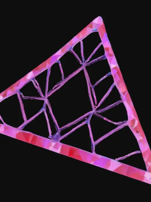 3D model for Subject: Parametric Voronoi lattice platform made of crystals in the shape of an FLAT obtuse triangle, playing in a horizontal position

Material: purple, red, and blue shades of crystal structure with integrated LED modules

Details:

A single sweeping platform in the shape of a obtuse triangle formed by interlocking Voronoi cells of varying sizes with spiders and jagged sharp details, laying horizontally

Subtle beveled edges on each cell for a refined, high-poly look

Warm red LED backlighting embedded within select cells for depth

Smooth transitions between cells, emphasizing structural flow
, #platform#PBR crystal: Fine-grain matte ceramic with slight subsurface scatter

Emissive LEDs: Warm white glow with adjustable intensity and soft falloff
