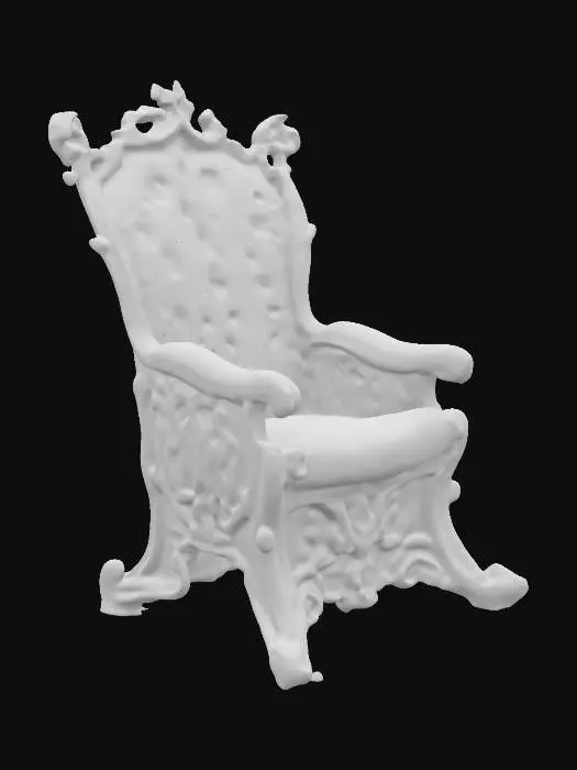3D model for Design a biomechanical chair with organic and mechanical elements. Include glowing purple, pink, and red energy veins, pulsating lights. Add intricate carvings and textures that blend flesh and metal seamlessly all in the shapes of cob webs covering it