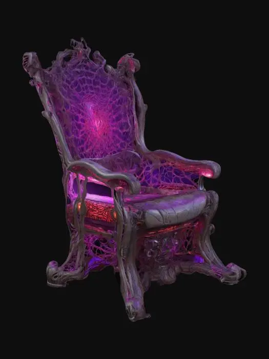 3D model for Design a biomechanical chair with organic and mechanical elements. Include glowing purple, pink, and red energy veins, pulsating lights. Add intricate carvings and textures that blend flesh and metal seamlessly all in the shapes of cob webs covering it