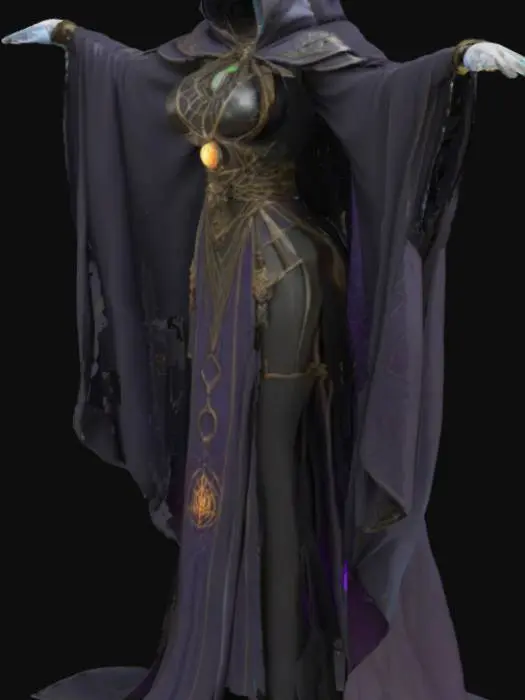 3D model for fantasy drow female cleric of Lolth, priestess of the Spider Queen, slim body, elegant robe on body, glowing symbols and amulets on clothing, detailed face, T-pose, symmetry, realistic, extremely detailed, high resolution texture, medieval style