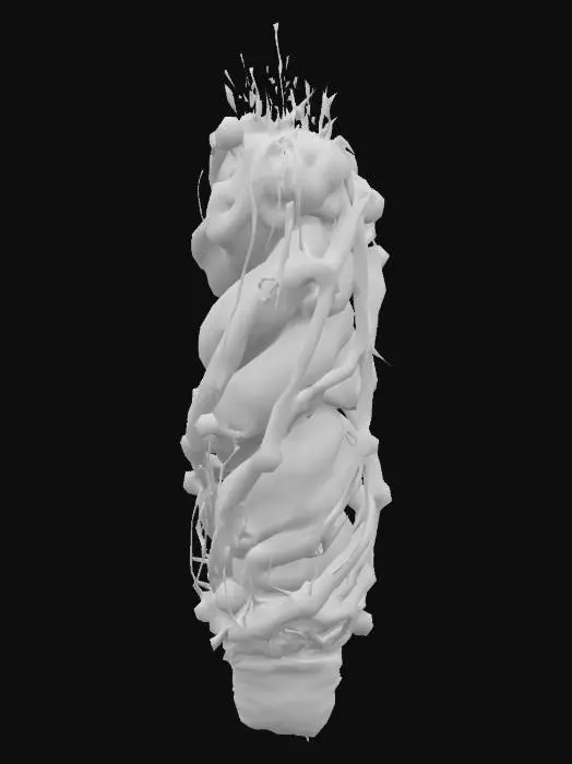 3D model for Create a high-detail 3D model of hanging braids of vegetables that one might collect in the UNDERDARK, as seen in rustic kitchens or harvest markets in the city of Menzoberranzan. Include braided natural twine or dried stems holding together a mix of vegetables such as mushrooms, red tubers, pink roots, and dried fungi. The vegetables should appear dried or partially cured, with papery skins, slight imperfections, and rich, natural colors (deep purples, earthy reds, sun-warmed yellows). Arrange the braid vertically, with layers that vary slightly in size and orientation for a natural, handcrafted feel. The lighting should emphasize texture and color depth, with soft shadows that enhance the realistic, homely appearance.