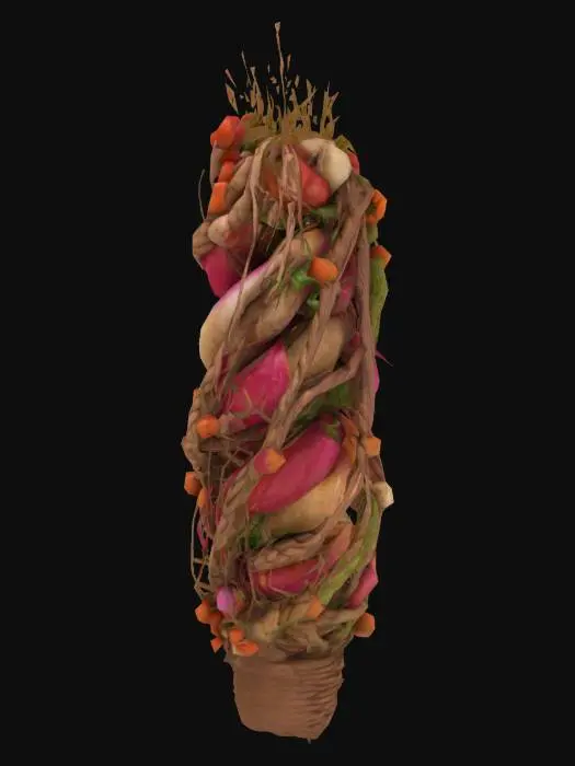 3D model for Create a high-detail 3D model of hanging braids of vegetables that one might collect in the UNDERDARK, as seen in rustic kitchens or harvest markets in the city of Menzoberranzan. Include braided natural twine or dried stems holding together a mix of vegetables such as mushrooms, red tubers, pink roots, and dried fungi. The vegetables should appear dried or partially cured, with papery skins, slight imperfections, and rich, natural colors (deep purples, earthy reds, sun-warmed yellows). Arrange the braid vertically, with layers that vary slightly in size and orientation for a natural, handcrafted feel. The lighting should emphasize texture and color depth, with soft shadows that enhance the realistic, homely appearance.